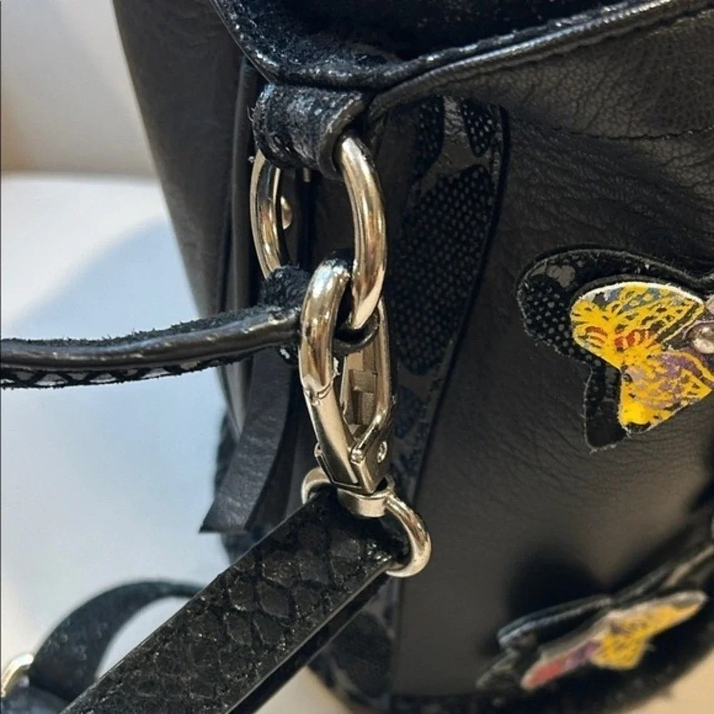 Sharif 1827 Black Leather Suede Butterfly Bucket Bag Crossbody New York Design